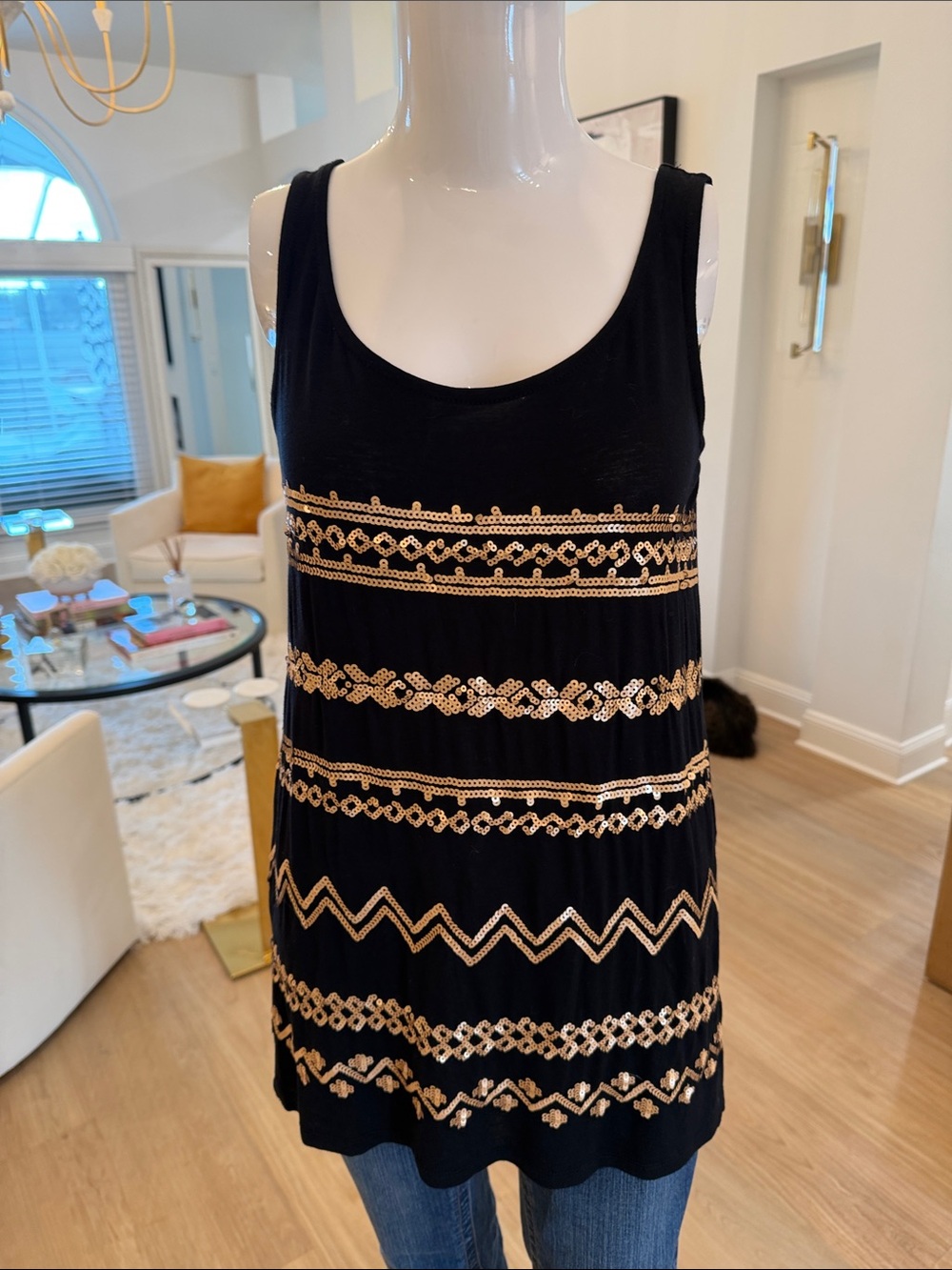 august silk Black Sleeveless Mini Dress with Gold Sequin Stripes